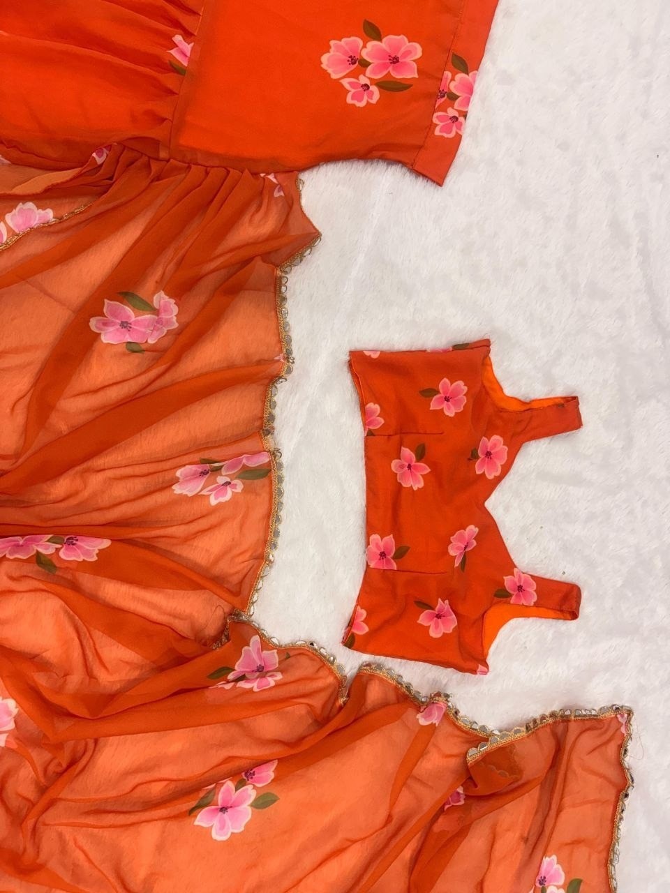 Orange Pre Draped Saree Lehenga Style Georgette Ruffle Dupatta Party Wear