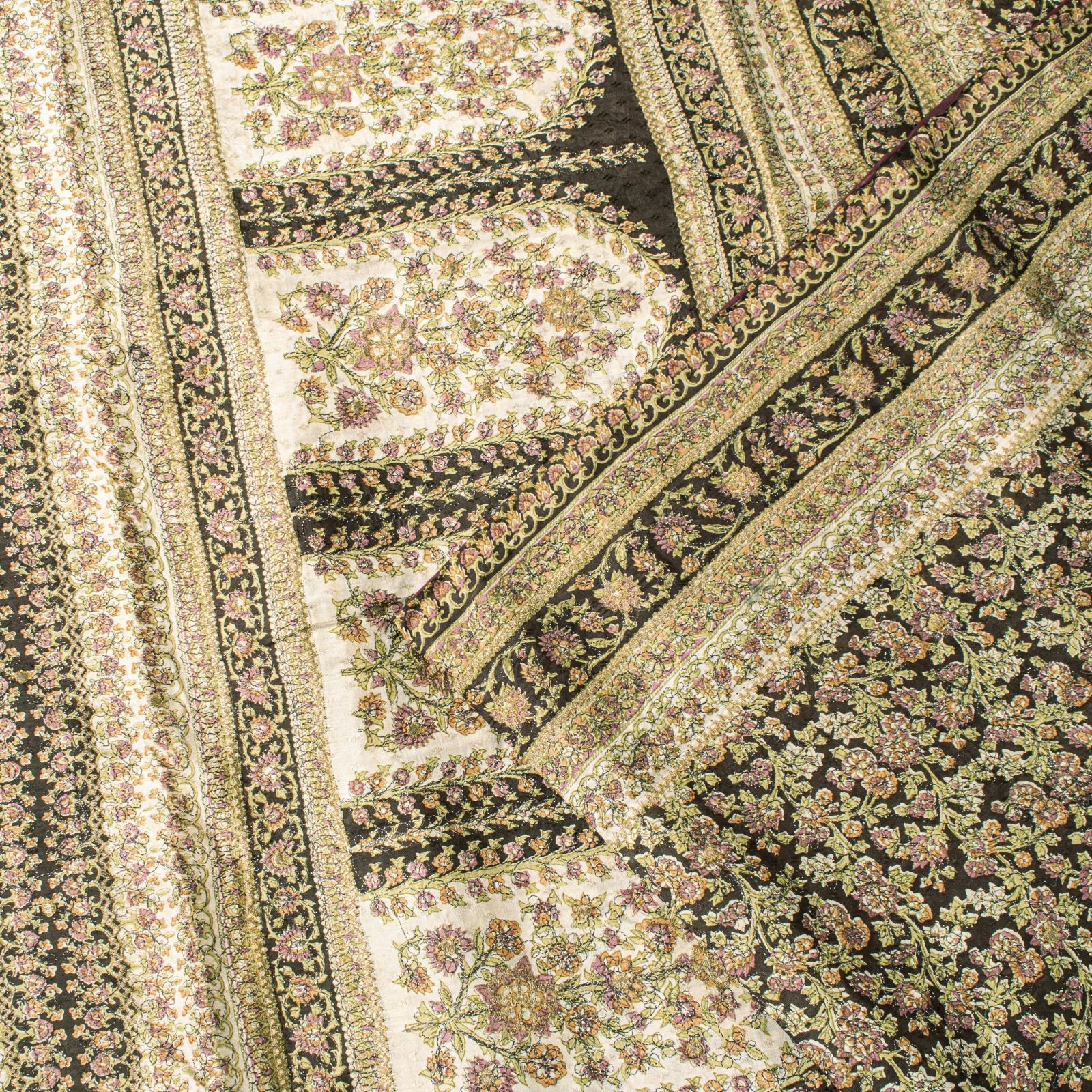 Sanskriti Vintage Brown Saree Pure Silk Kantha Embroidered Floral Print Sari 5Yd