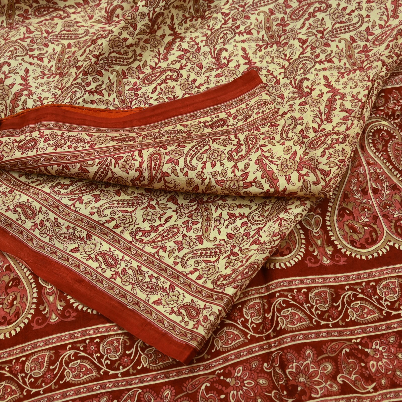 Indian Vintage Sari Brown & Ivory Pure Silk Printed Sarees Craft Fabric 6yd
