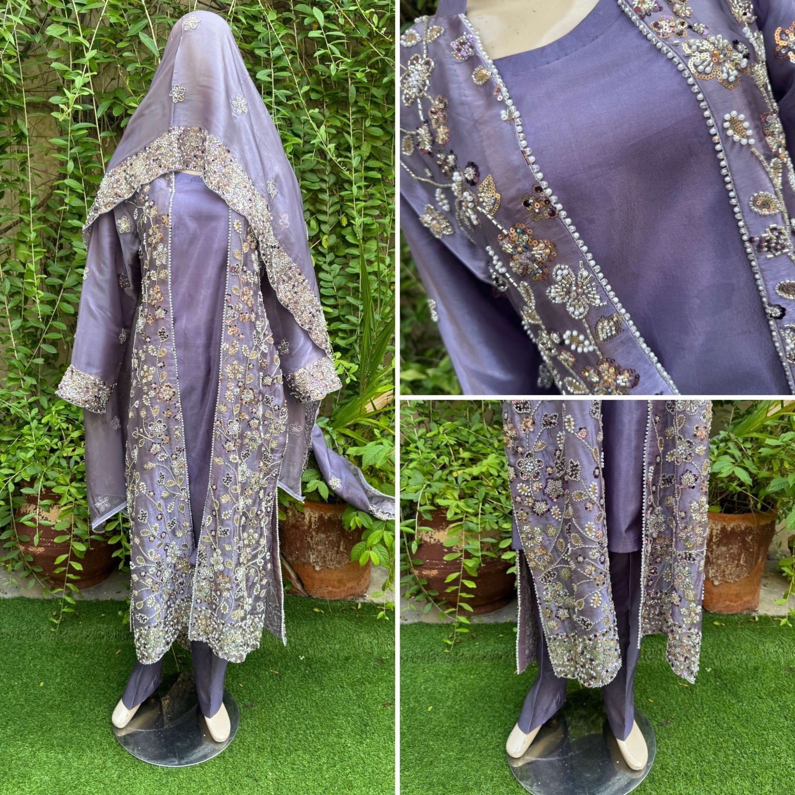Pakistani purple silk long Gown shirt Style Embroidered Sequins Dress,L