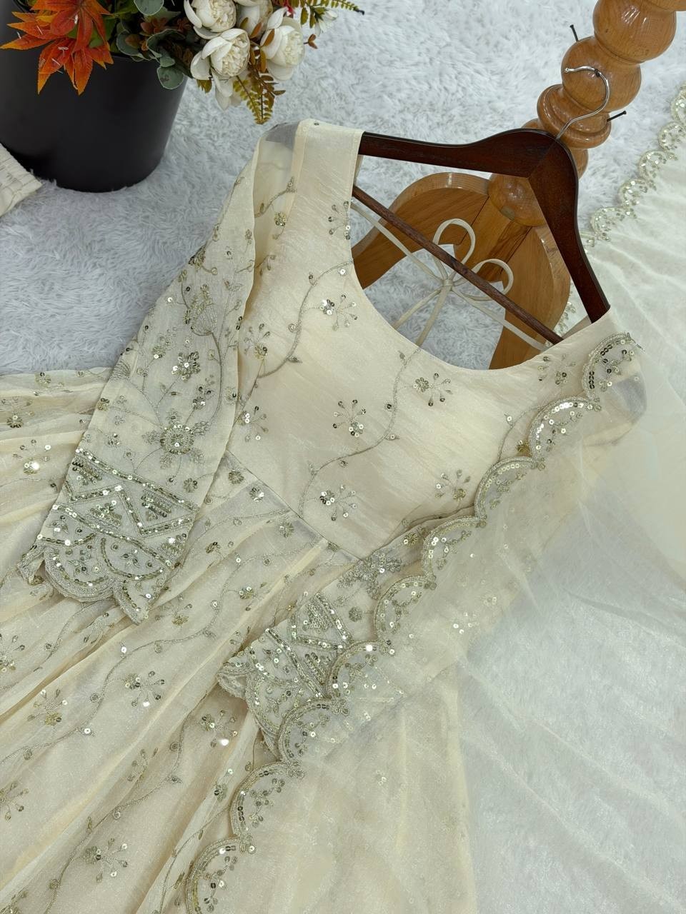 Stunning Crunchy Silk Cream Gown Bottom With Dupatta For Women & Girls