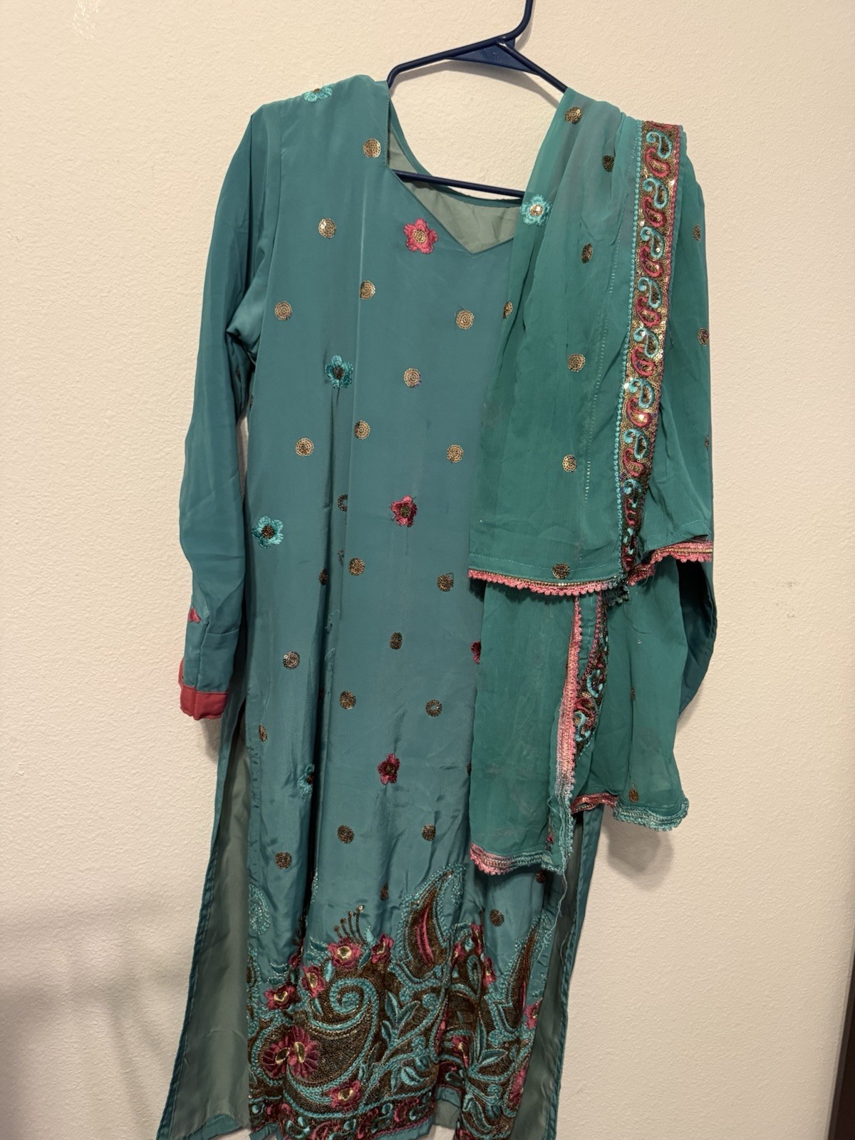 Women’s Salwar Kameez Set Green Chiffon Embroidered w/ Dupatta M