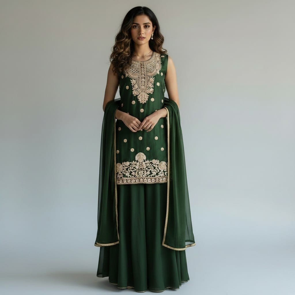 Bottle Green Colour Lehnga Long Kurta With Embroidery