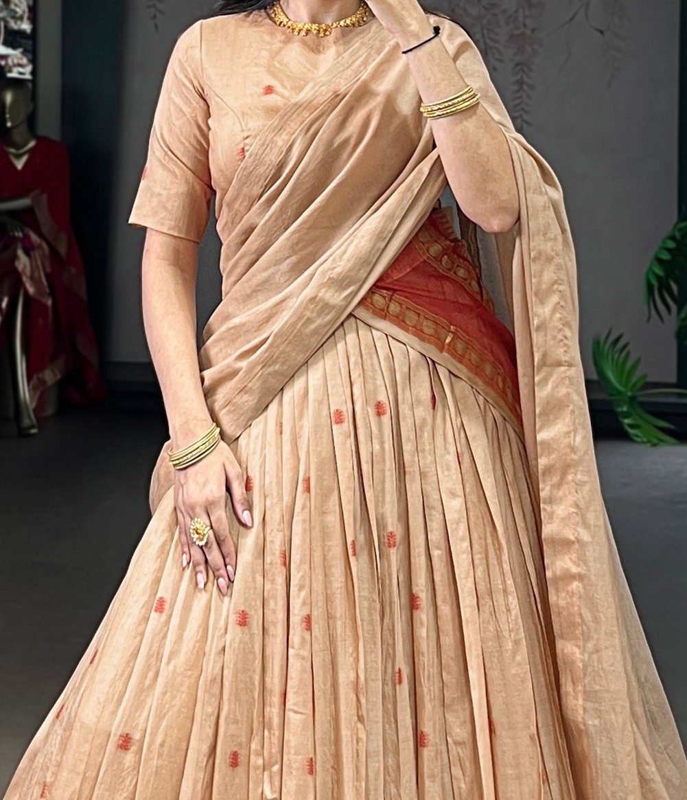 Indian Designer Cream Chanderi Lehenga Choli With Dupatta For Wedding & Party