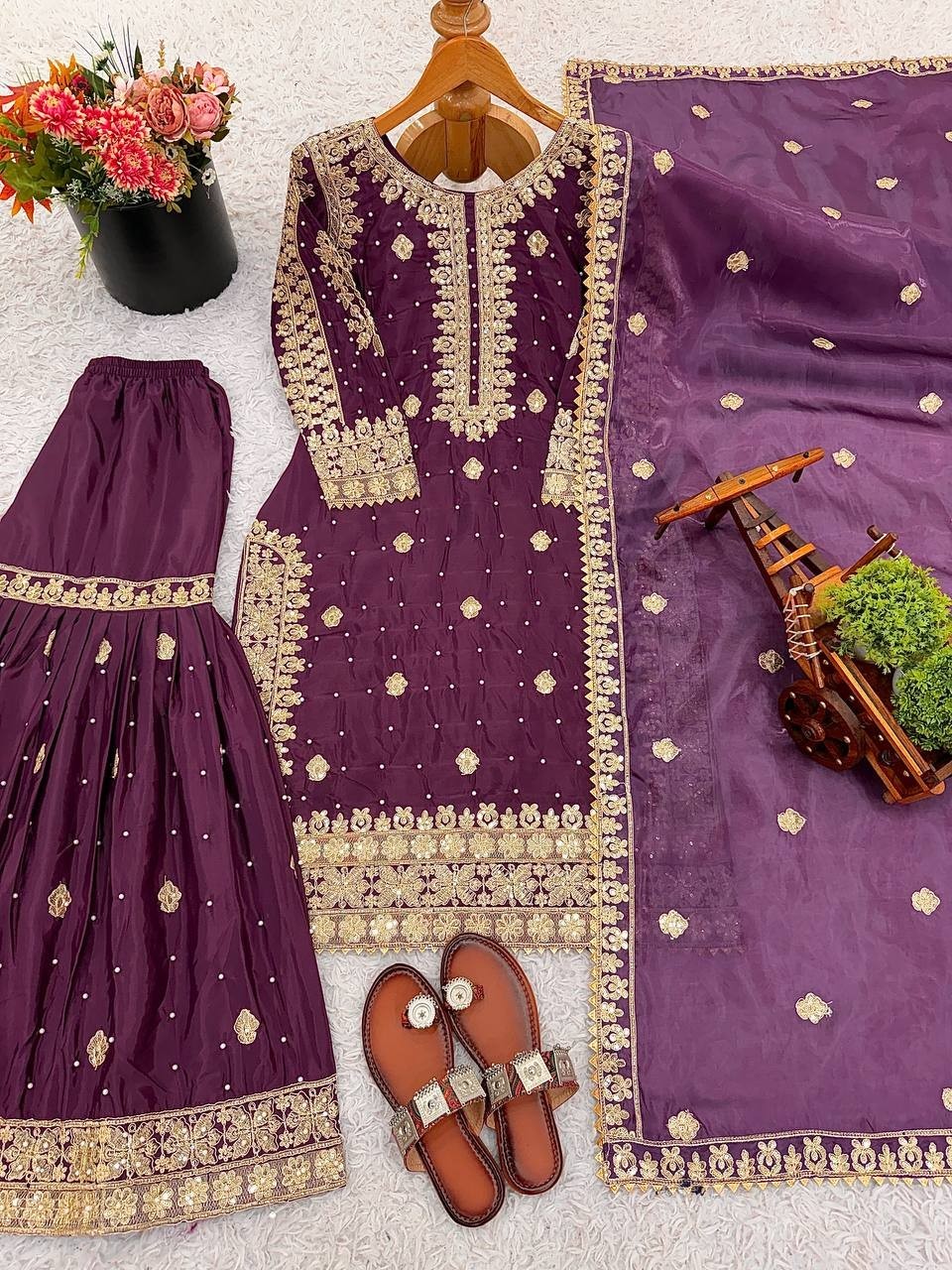 Wine Presenting Natural Crep Silk Top Palazzo With Dupatta For Festival & Party