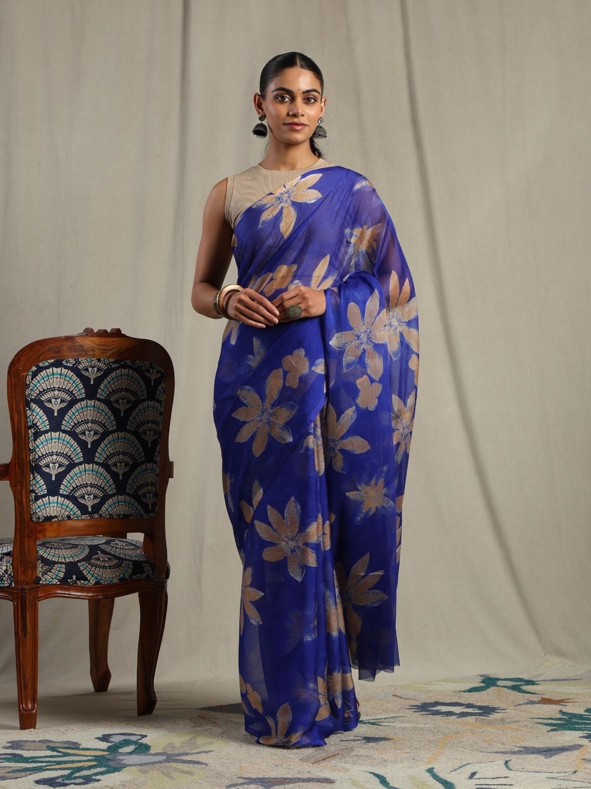 Women’s Floral Print Chiffon Saree Indian Bollywood Designer Festive Party Wear