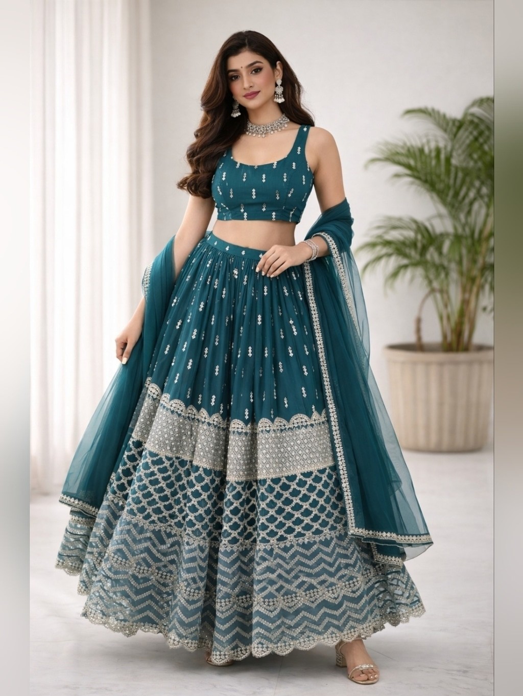 Green Sequin Zari Embroidery Work Lehenga Choli