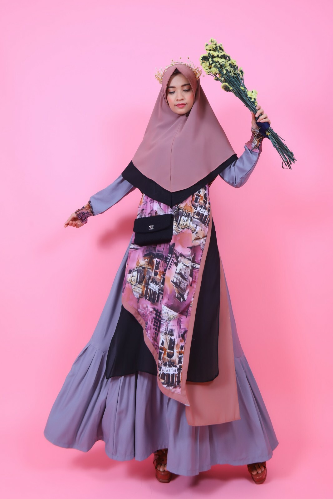 gray print pattern abaya & khimars set,abaya Maxi Dress,Modern hijab girls dress
