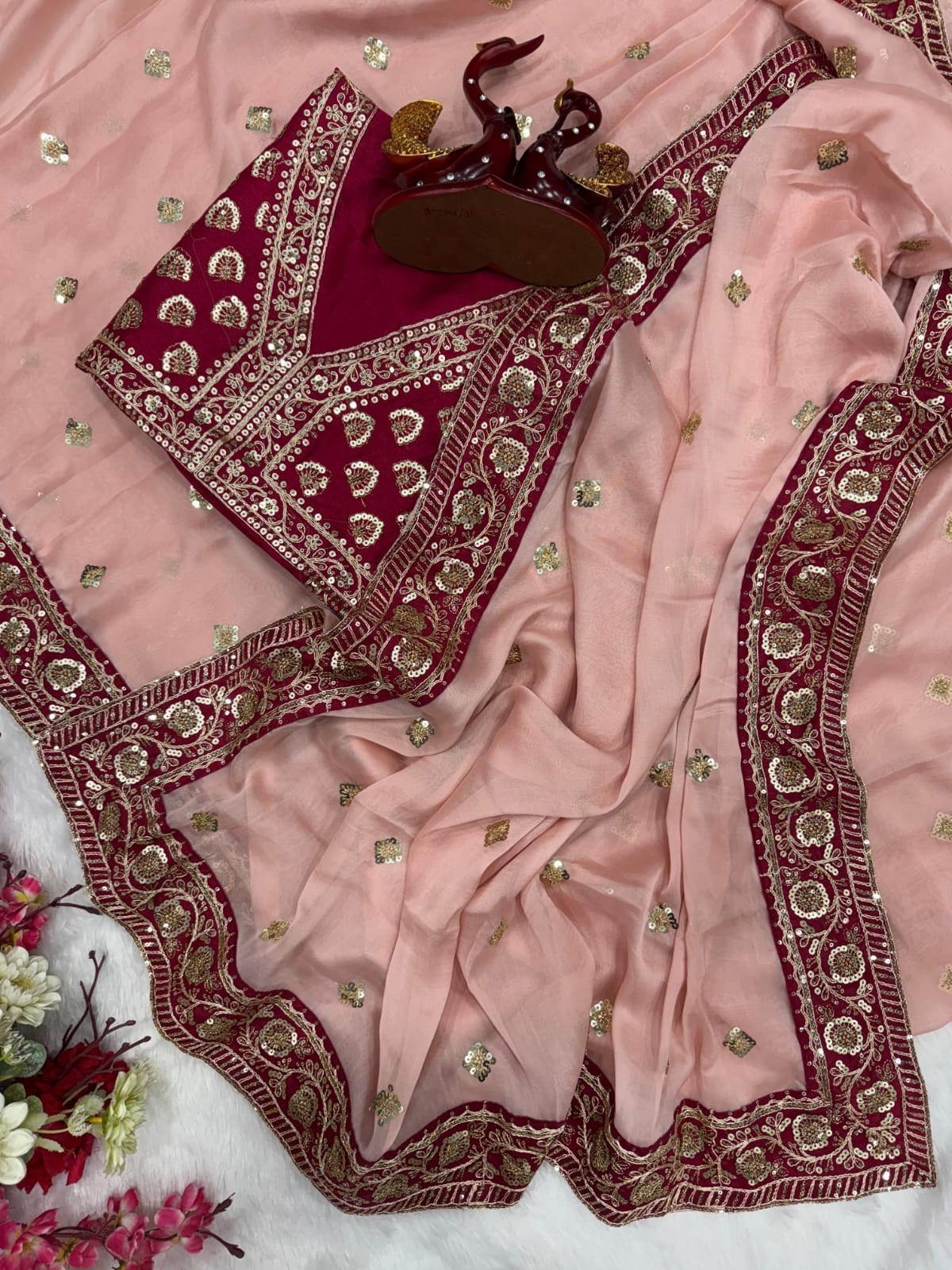 Indian Wedding Saree Soft Georgette Sequins Embroidery Designer Sari for Women
