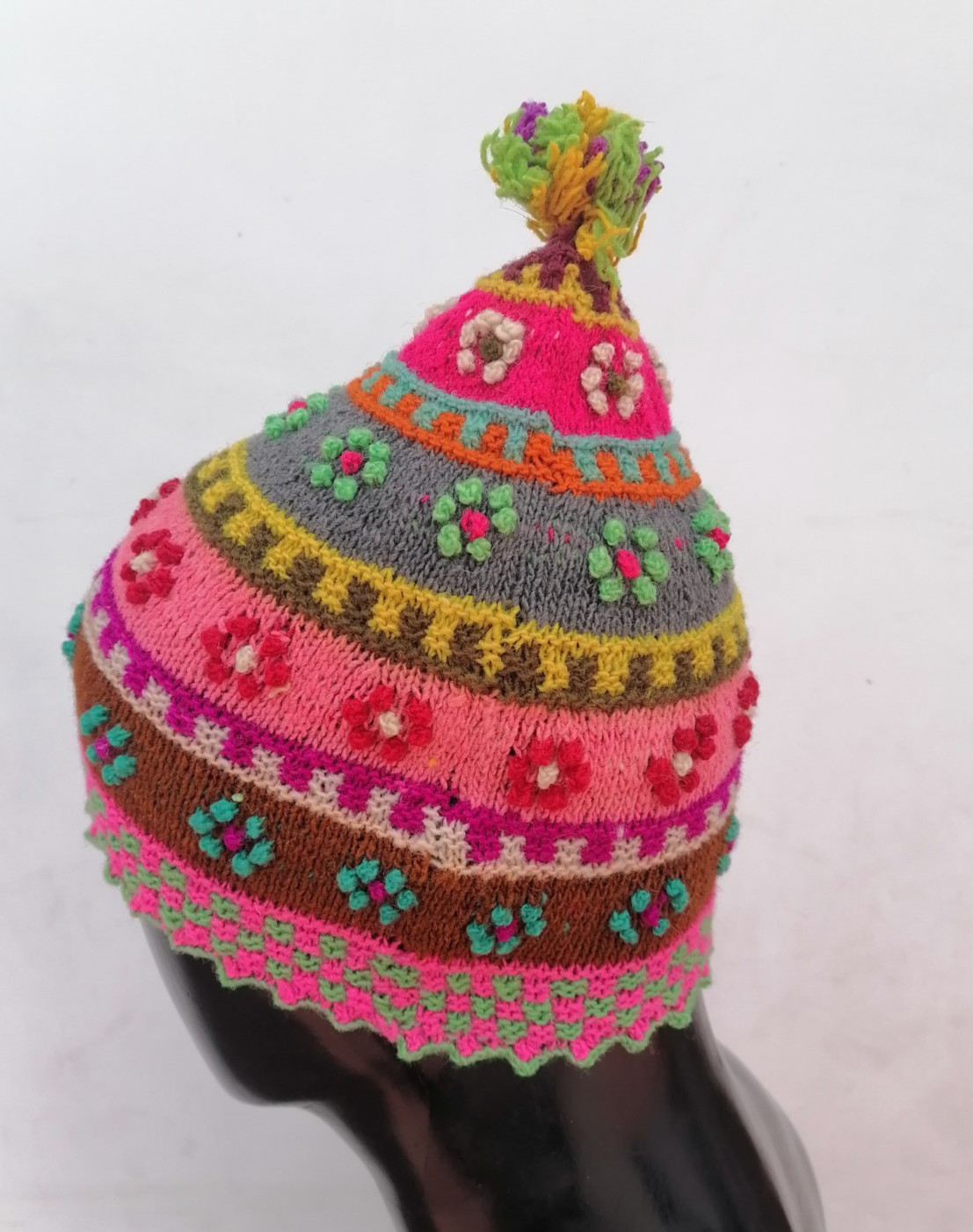Unisex Chullo Knitted Sheep Wool Multicolored Flowers Cusco