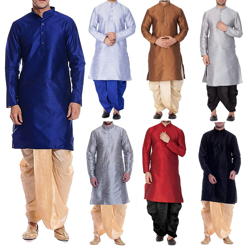 Men’s Dhoti Kurta For Party Wear Readymade Indian Ethnic Dupion Silk Kurta Set