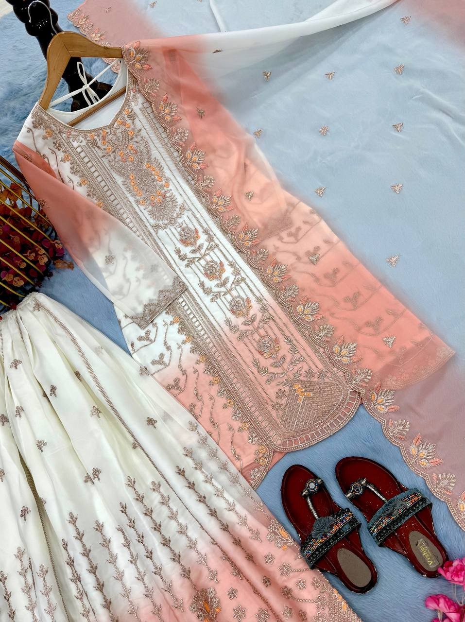 Latest Designer Star Georgette Kurta Palazzo With Peach Dupatta For Wedding