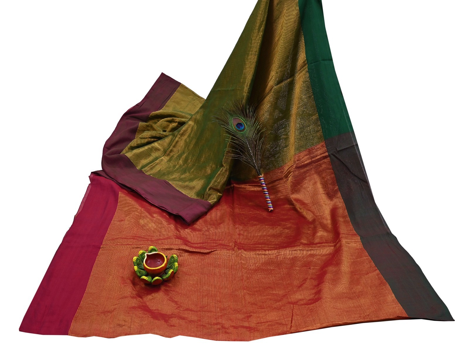 Indian Vintage Heavy Green & Maroon Woven Kanjivaram Saree Pure Silk Sari 5yd