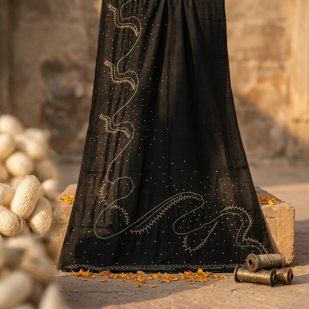 Sanskriti Vintage Soft Black Pure Crepe Silk Sari Hand Beaded Zari Saree 5.5Yard