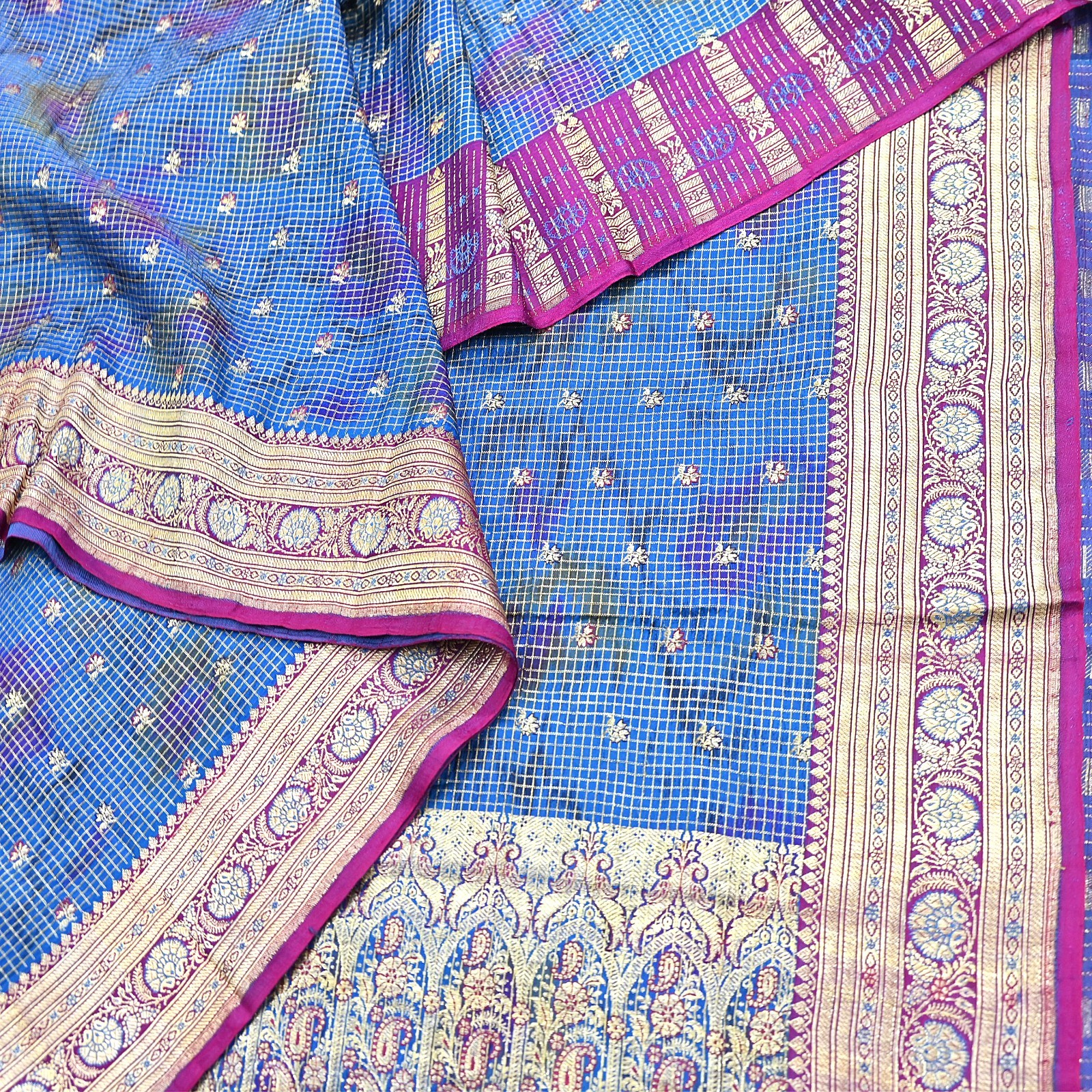 Indian Vintage Blue Heavy Sari Pure Satin Silk Woven Banarasi Tanchoi Saree 5yd