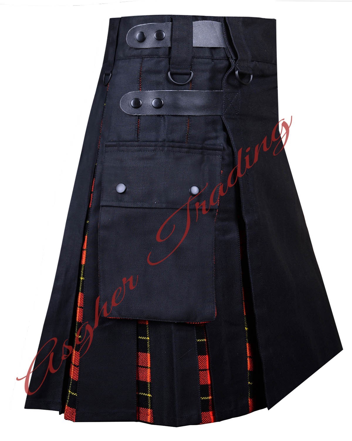 Handmade Black With Wallace Tartan Hybrid Utility Kilt Men’s Custom Size Kilts