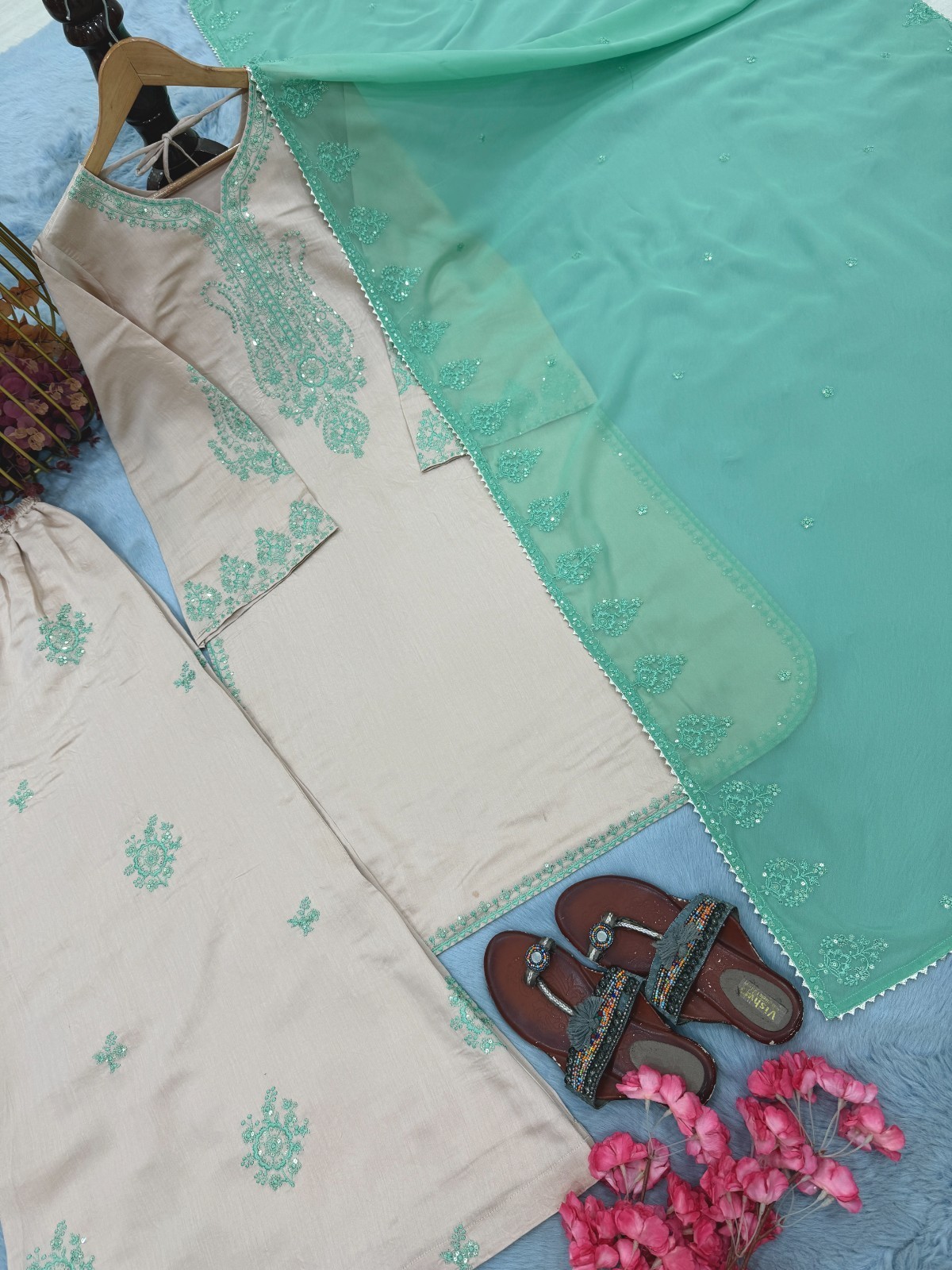 Designer Heavy Pure Roman Silk Top with Roman Silk Palazzo and Faux Georgette