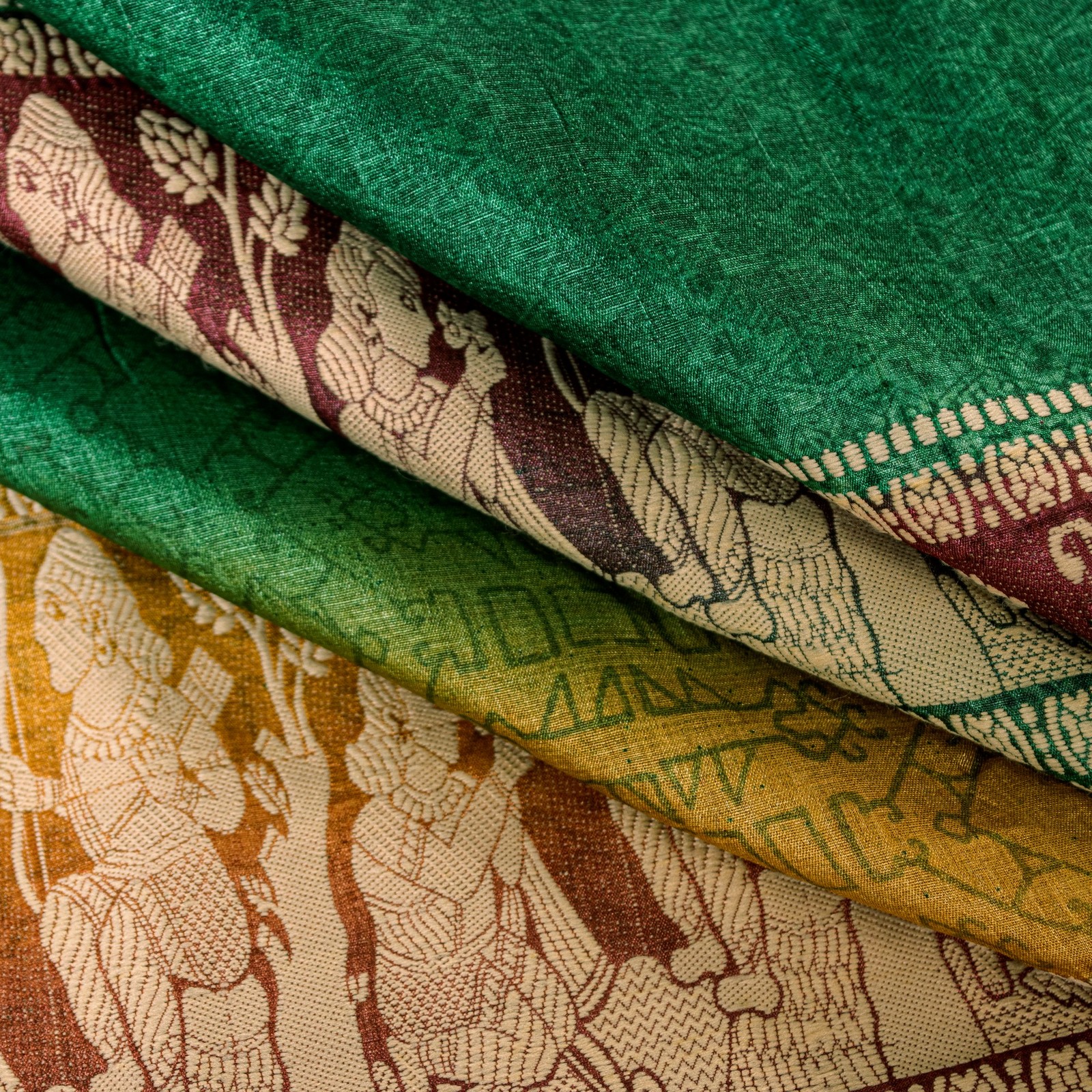 Sanskriti Vintage Green Sarees Pure Silk Baluchari Woven Bengali Heritage Sari