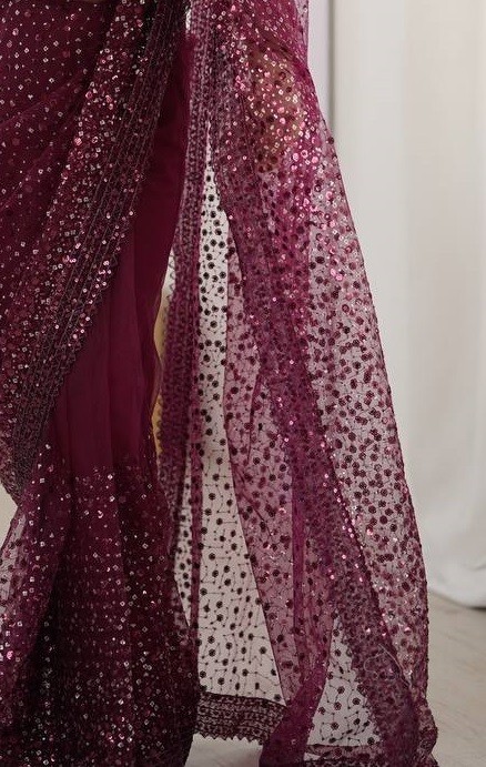 Fancy Designer Net Fabric Wine Saree With Blouse For Indian Wedding Wear