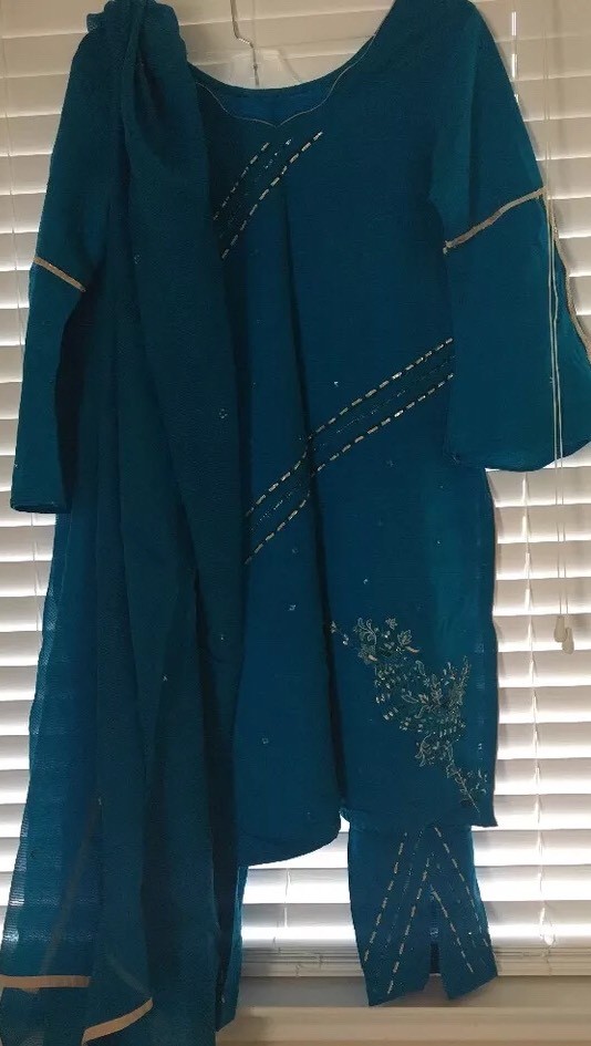 Ladies blue ( Ferozi) and Beige kameez kamiz shalwar salwar pants and dupatta