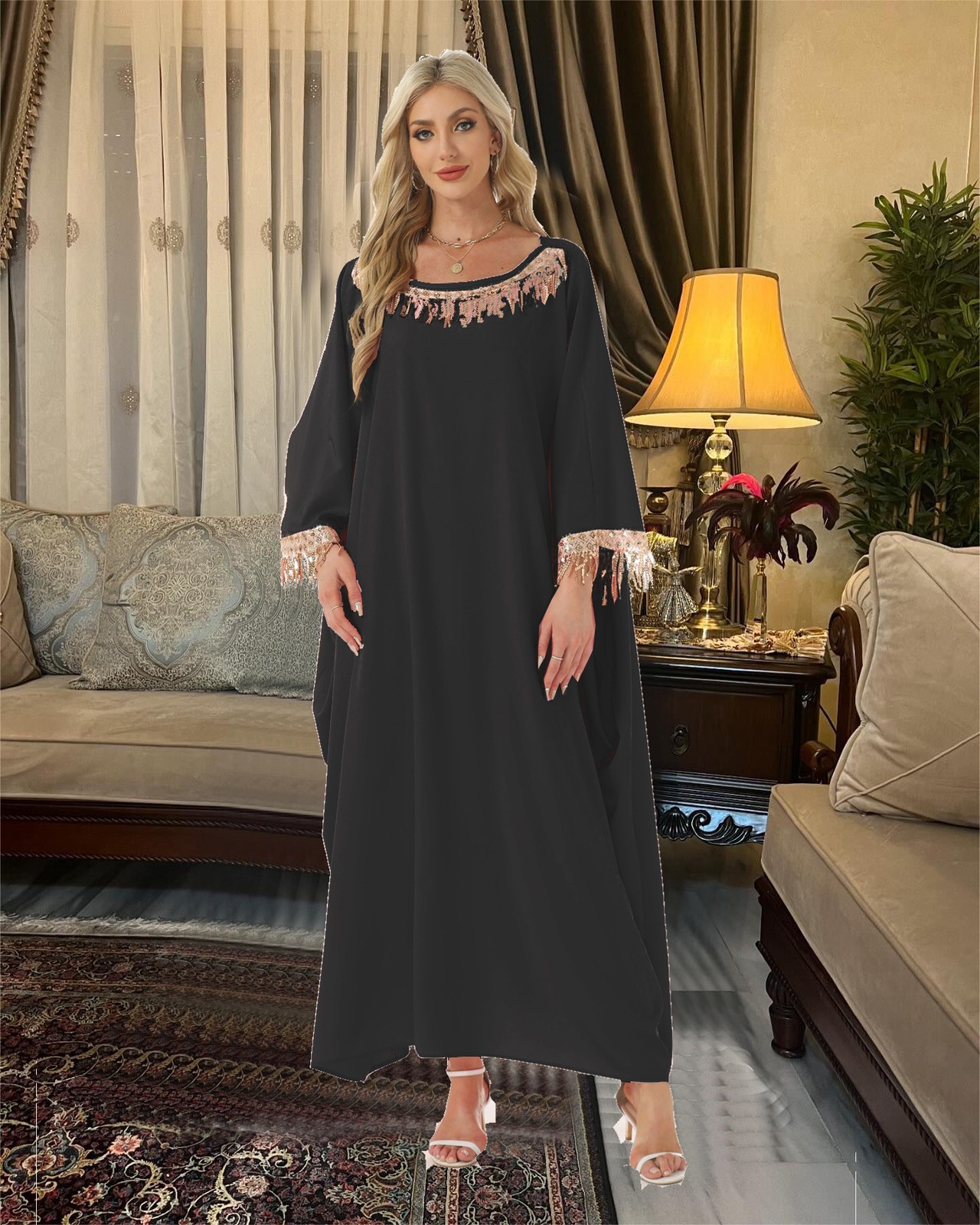 New Arab Women Kaftan Elegant Loose Muslim Tassel Full Sleeves Abaya Party Gown