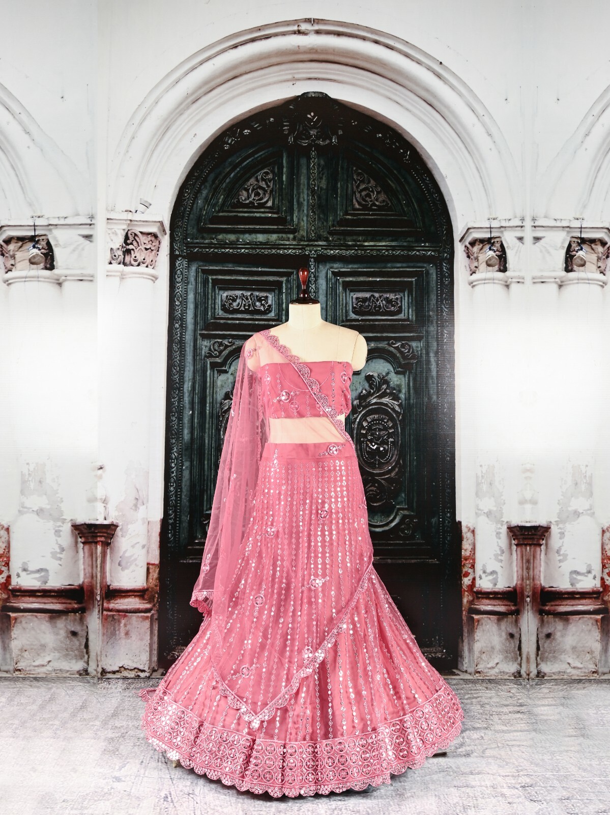 Pink designer wedding net lehenga choli with false mirror embroidery-Ikaksha