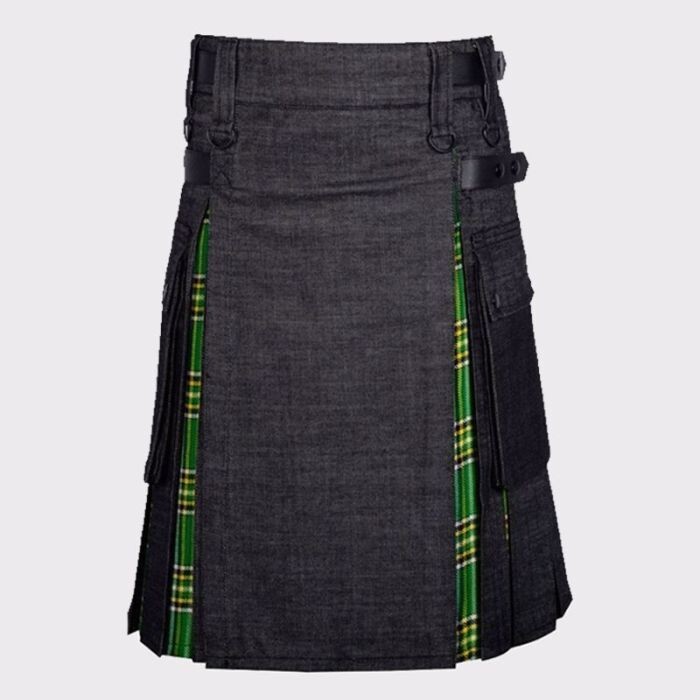 Black Denim Hybrid Scottish Utility Tartan Kilt with Adjustable Strap.