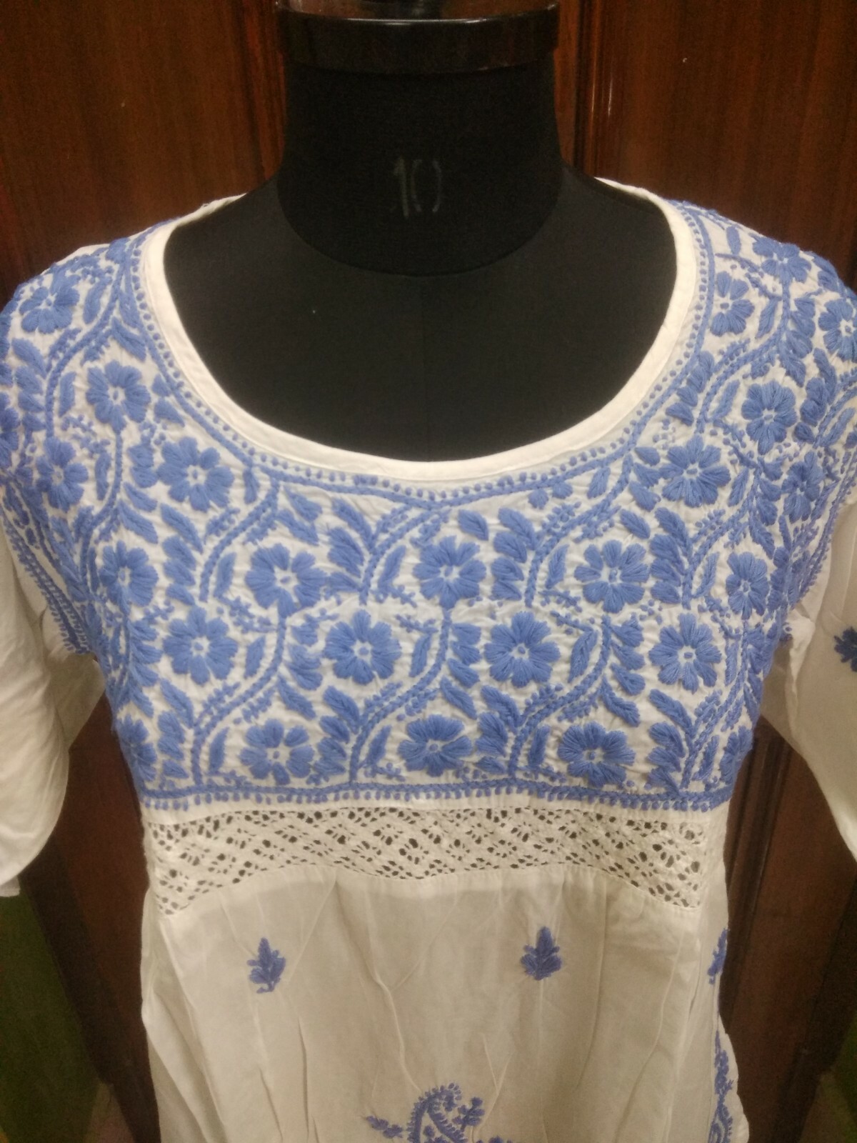 KURTA KURTI SHIRT L 43″ ETHNIC CHIKAN EMBROIDERY 100% COTTON HANDMADE TOP TUNIC