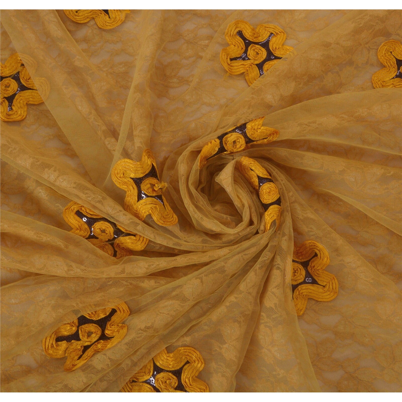 Sanskriti Vintage Yellow Sarees Net Mesh Hand Beaded Craft Fabric Premium Sari