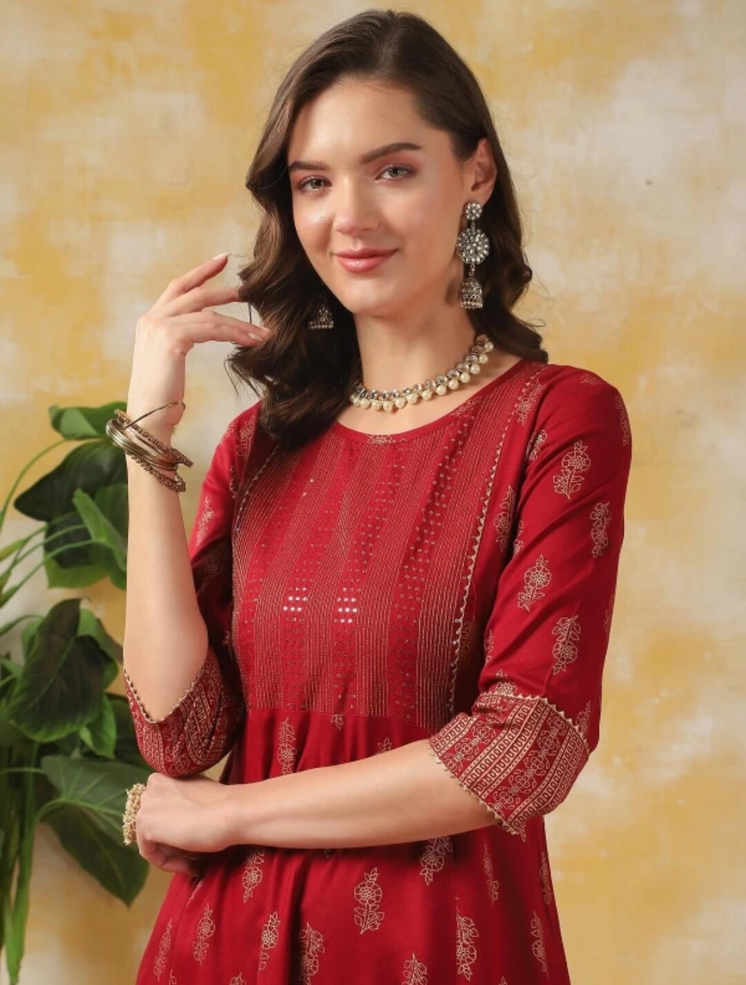 Indian Ethnic Wear;Women Maroon Gotta Patti Viscose Rayon Kurta with Trousers.