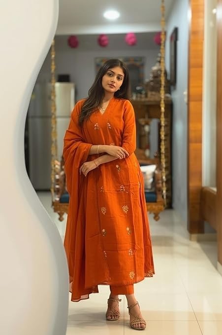 Women Orange Plus Size Rayon Indian Kurta Top & Trouser With Dupatta, Casual Top