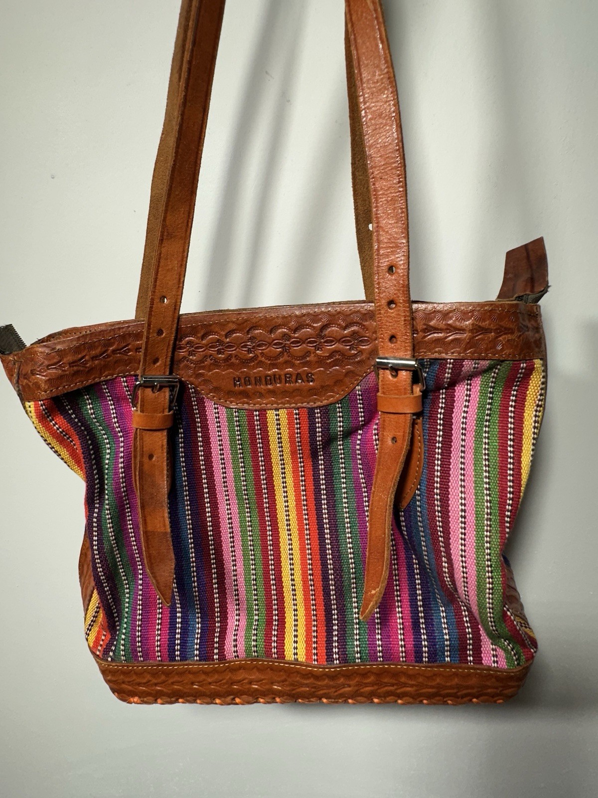 Honduras Handwoven Leather Cotton Multicolor Handbag Brown Latin American
