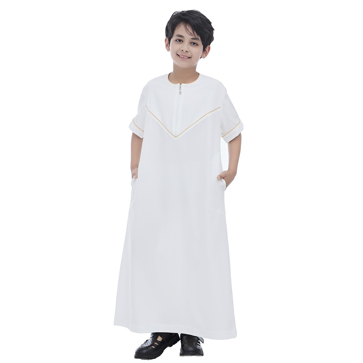 Eid Muslim Boy Robe Fashion Arab Jubba Thobe Short Sleeve Abaya Islamic Clothing