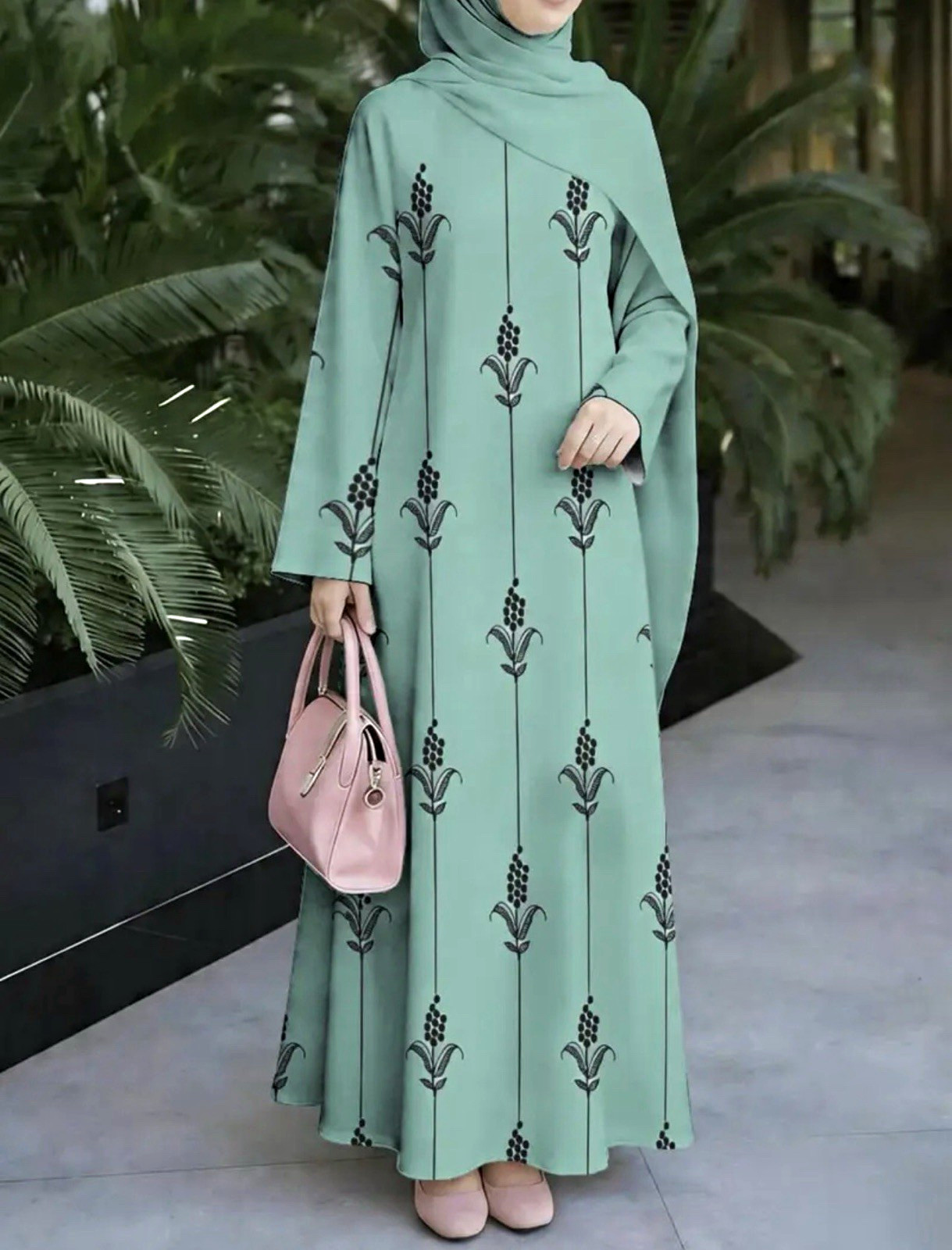 Women’s Green & Black Kaftan Abaya Dress Black Embroidery One Size Chiffon