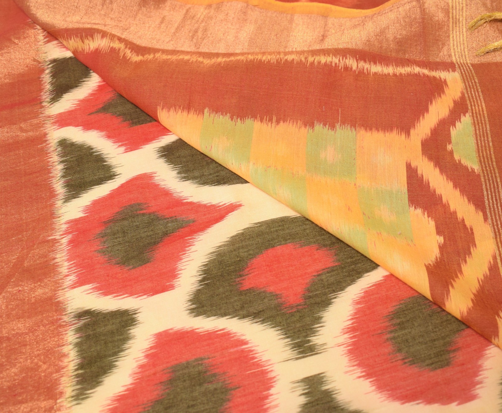 Sushila Vintage Cream Saree Pochampally Hand Woven Ikat Pure Cotton Silk Sari