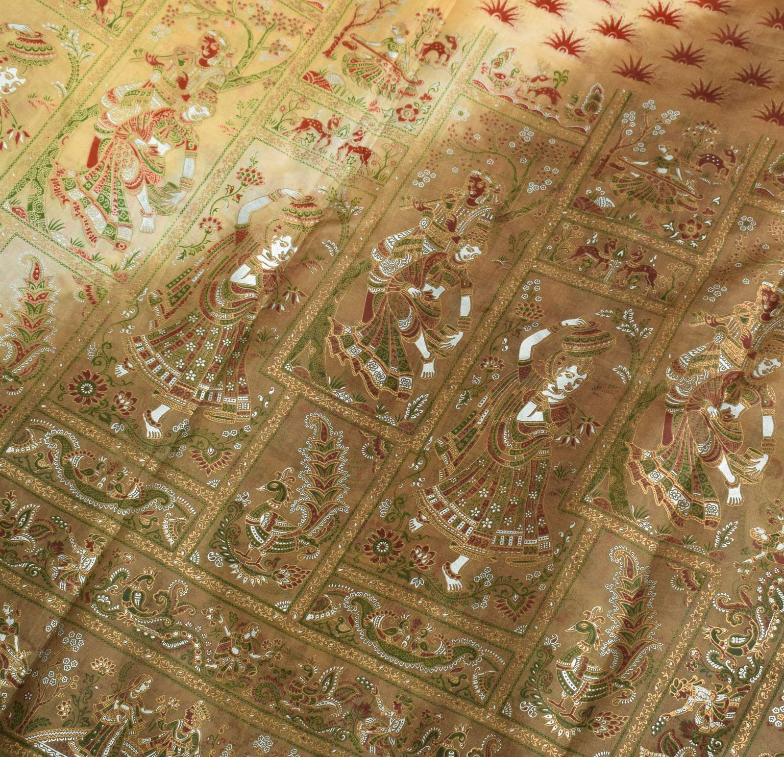 Sushila Vintage Yellow & Green Saree Printed Figure Pure Silk Sari Soft Craft Fa