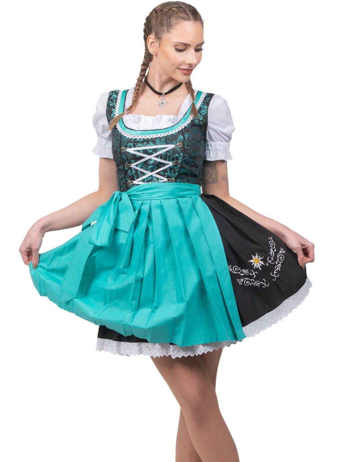XS 0 German Dirndl DRESS + Apron + Top LACE Trim Oktoberfest Embroidery Party