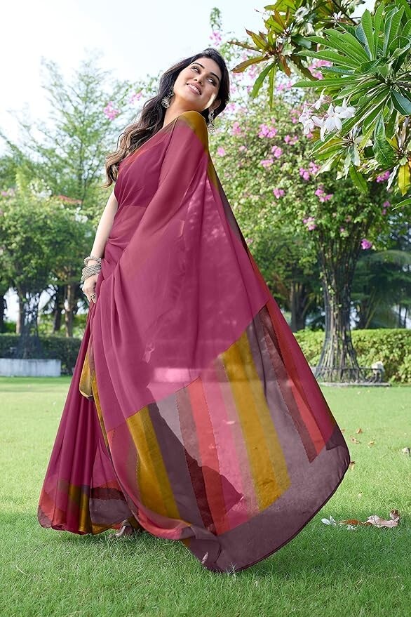 FASHION Women’s Stylish Chiffon Colorblocked Strips Printed Saree with Blouse