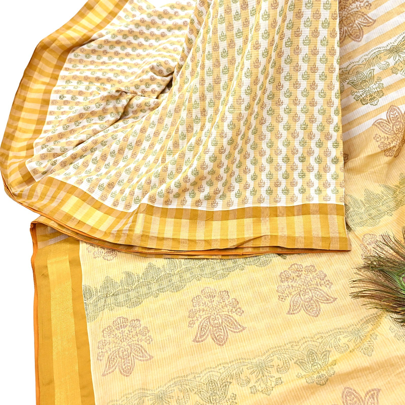 Indian Vintage Sari White & Beige Printed Pure Cotton Sarees Craft Fabric 5YD
