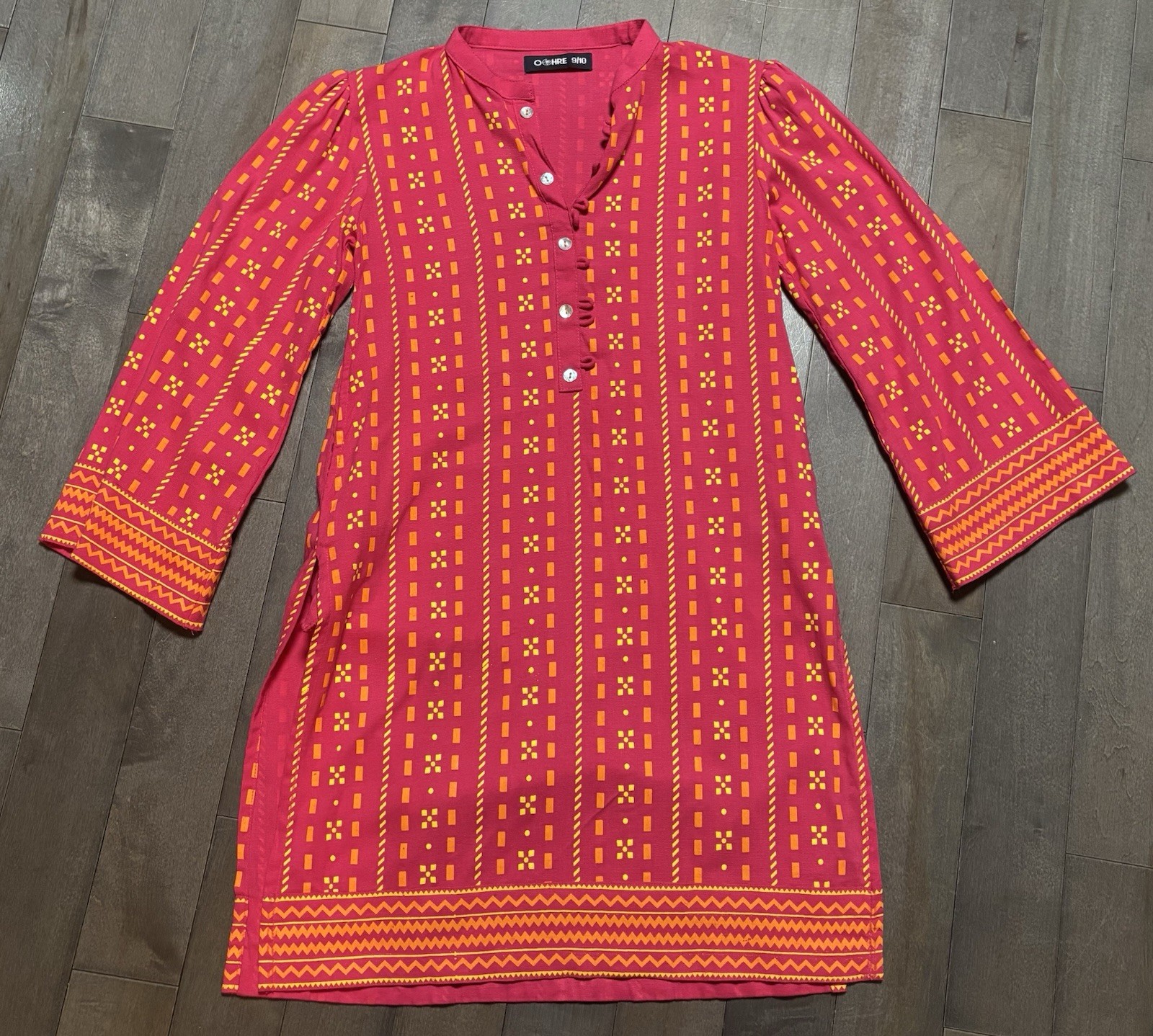 Ochre Girls 9/10 Pink Orange Geometric Kurta Tunic Top Boho 3/4 Sleeve Pockets