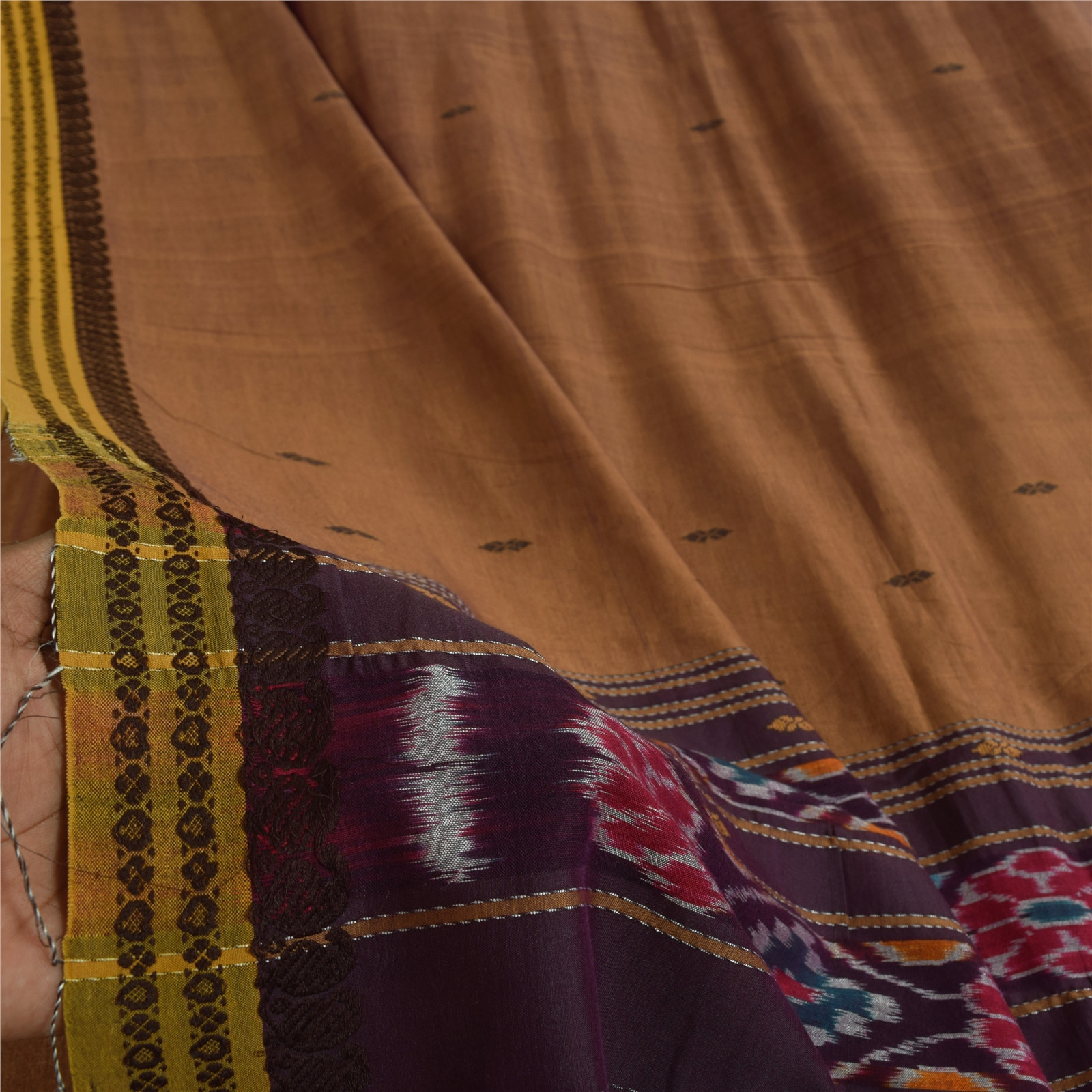 Sanskriti Vintage Brown Sarees Pure Cotton Woven Ikat Sari Premium Craft Fabric