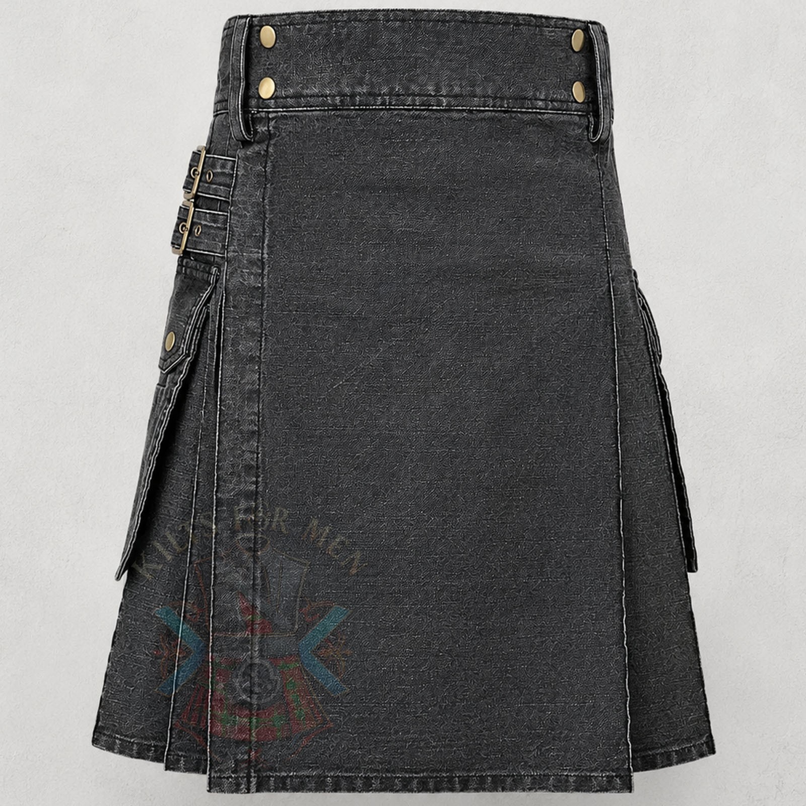 Grey Black Denim Utility Kilt for Men Cargo Pockets Modern Custom Made Kilt