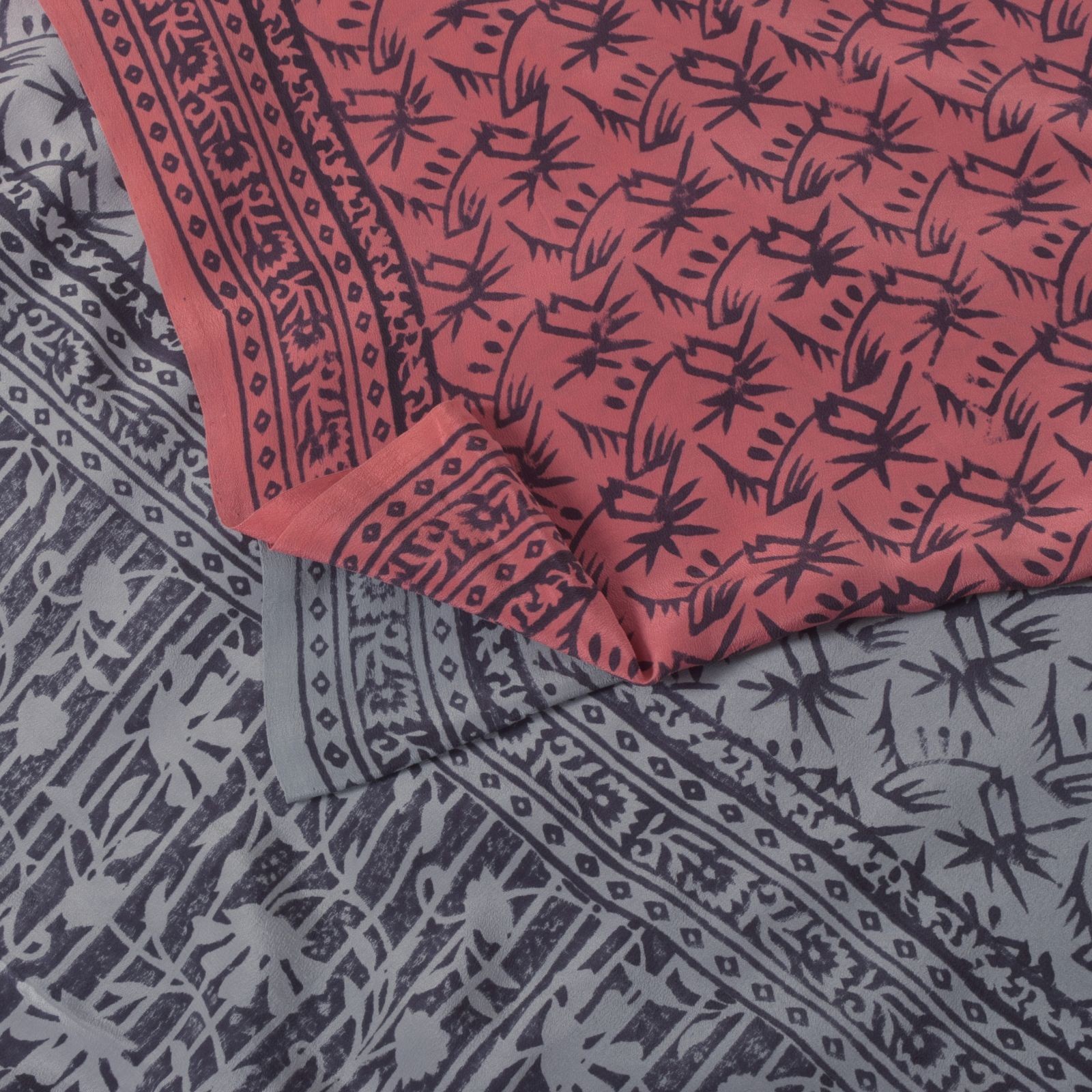 Sanskriti Vintage Blue-Pink Pure Crepe Silk Sari Hand Block Printed Saree 5.5Yd