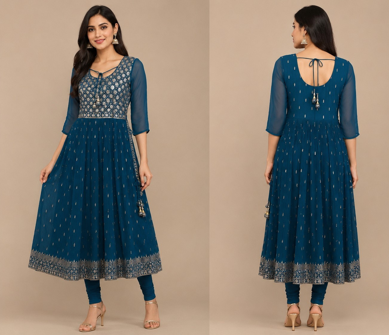 Women’s Blue Anarkali Kurta Dress, Mirror Work Sheer Sleeves, M Chiffon