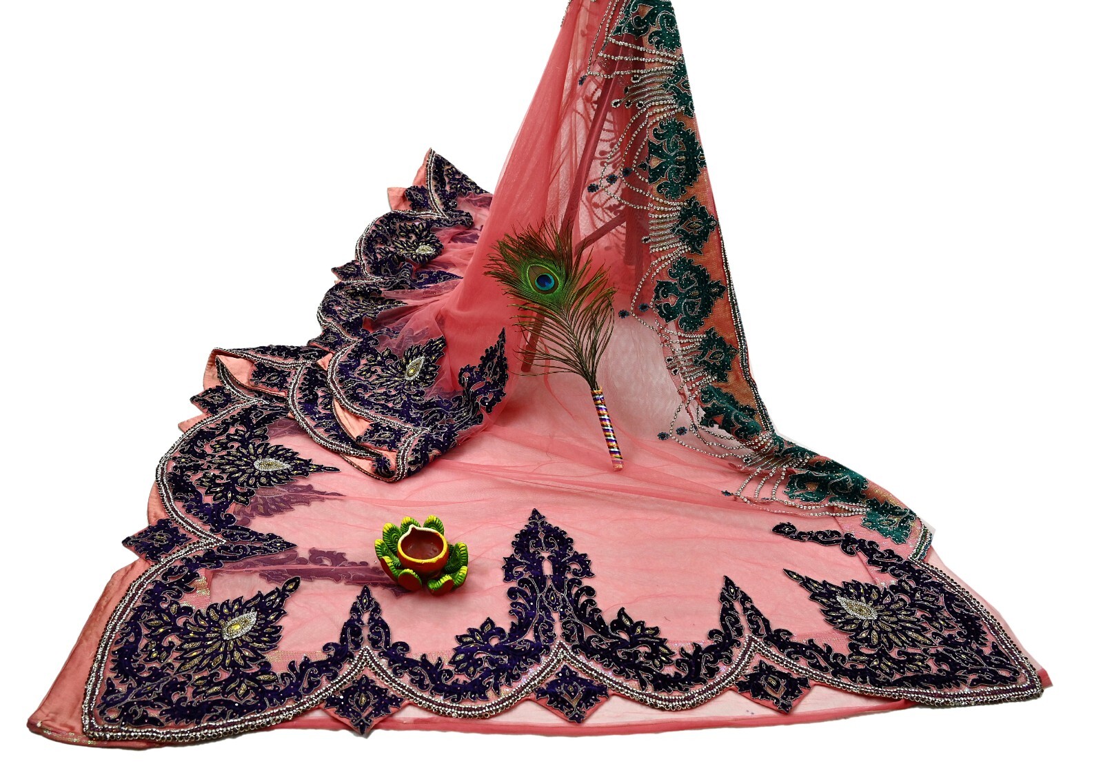 Vintage Heavy Sari Peach Net/Mesh Hand Embroidered Sarees Craft Fabric 5Yd