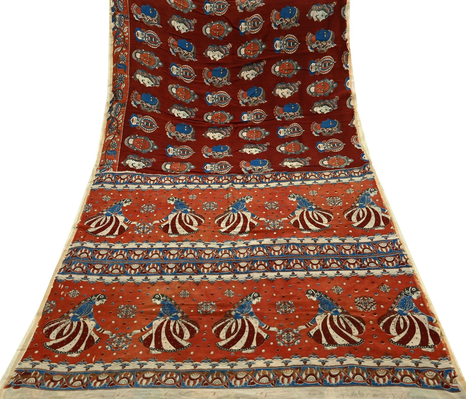 Indian Vintage Sari Pure chanderi Silk Kalamkari Print Sarees Fabric 5Yards Zari