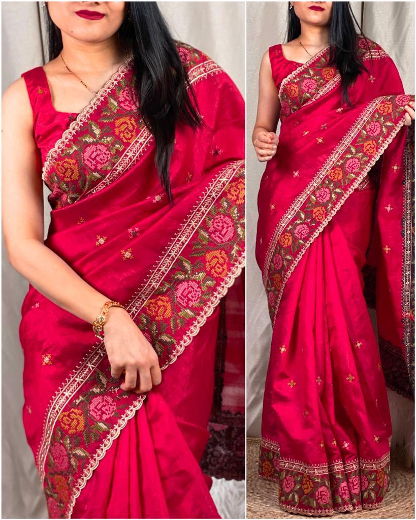 Embroideried Saree with Stitched Blouse and Fall Pico in three stunning colors