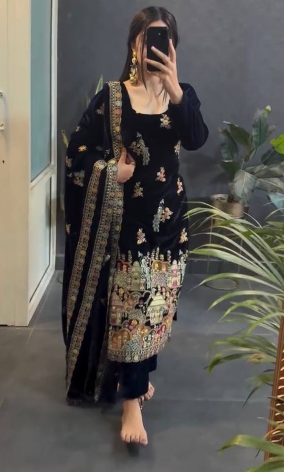 New Launch Black Viscose Velvet Salwar Kameez With Dupatta For Indian Party Wear