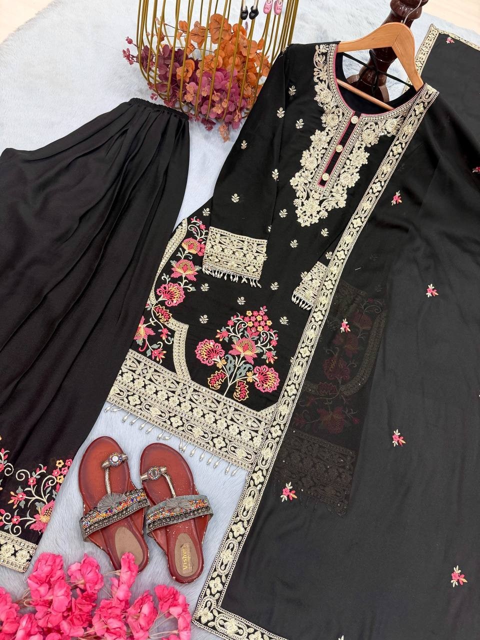 Stunning Look Black Star Georgette Kurta Palazzo With Dupatta For Women