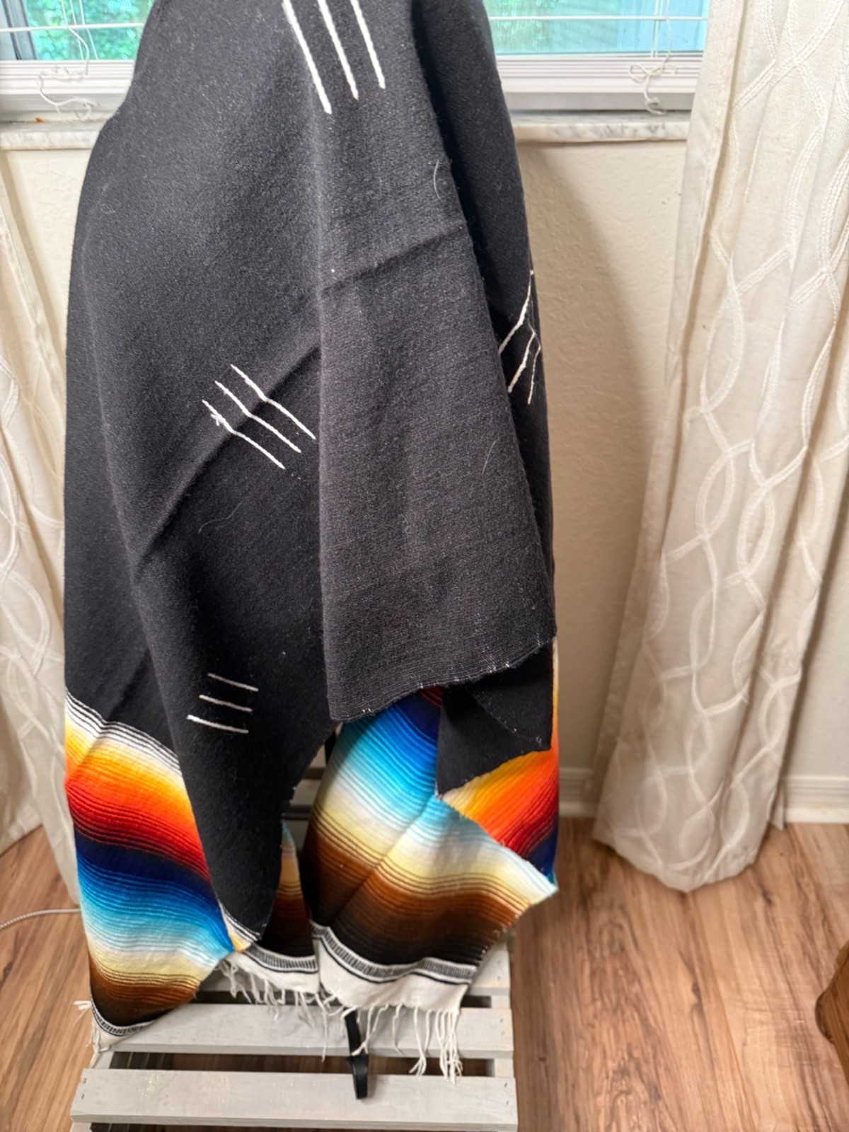 Tribal Serape Mexican Poncho Fringe Striped Blanket Gaban O/S Western Warm Cozy